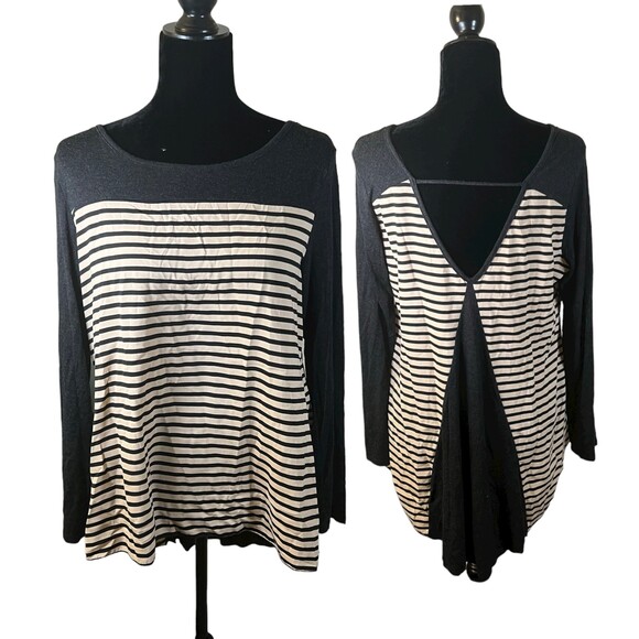 Pink Blush Maternity Beige Black Stripe Flowy Long Sleeve Blouse Size Large - Picture 1 of 6